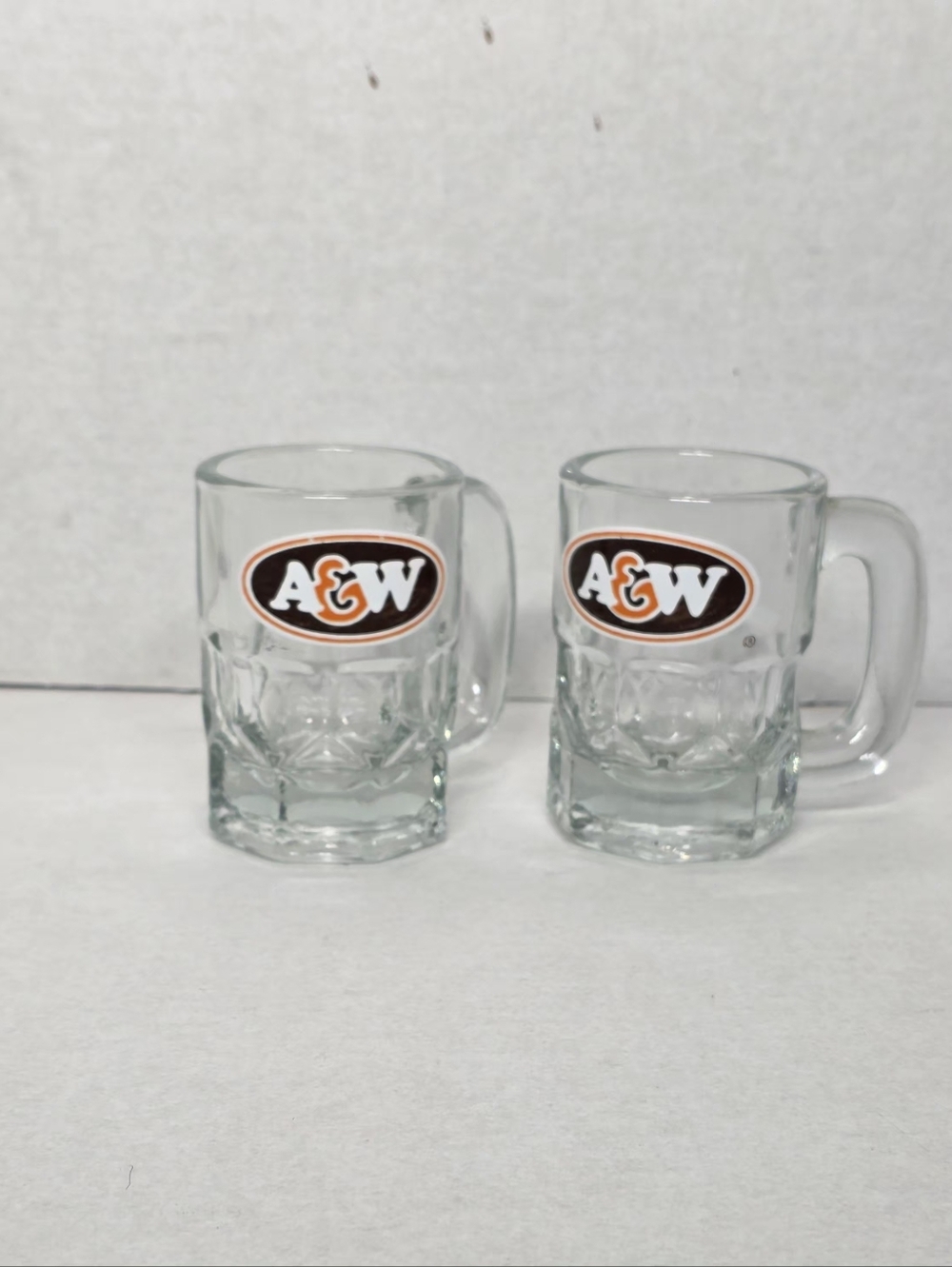 2 Mini A & W Mugs Heavy Glass 3 1/4 Inches Tall